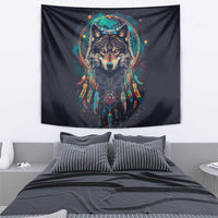 Native American Wolves Tapestry with Dream Catchers Feathers