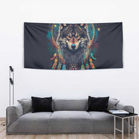 Native American Wolves Tapestry with Dream Catchers Feathers