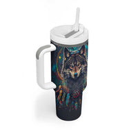 Native American Wolves Tumbler With Handle with Dream Catchers Feathers