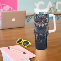 Native American Wolves Tumbler With Handle with Dream Catchers Feathers