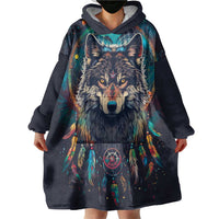 Native American Wolves Wearable Blanket Hoodie with Dream Catchers Feathers