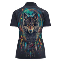 Native American Wolves Women Polo Shirt with Dream Catchers Feathers