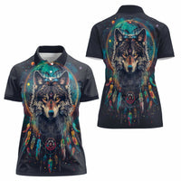 Native American Wolves Women Polo Shirt with Dream Catchers Feathers