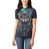 Native American Wolves Women Polo Shirt with Dream Catchers Feathers