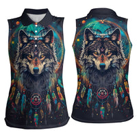 Native American Wolves Women Sleeveless Polo Shirt with Dream Catchers Feathers