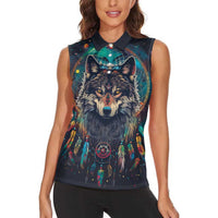 Native American Wolves Women Sleeveless Polo Shirt with Dream Catchers Feathers