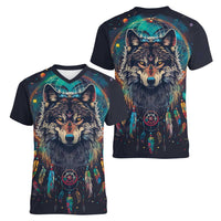 Native American Wolves Women V-Neck T-Shirt with Dream Catchers Feathers