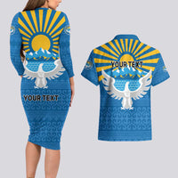 Kyrgyzstan Falcon Personalized Couples Matching Long Sleeve Bodycon Dress and Hawaiian Shirt Tian Shan Mountains Rising Sun