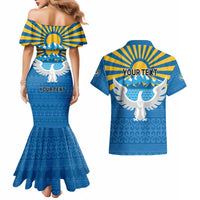 Kyrgyzstan Falcon Personalized Couples Matching Mermaid Dress and Hawaiian Shirt Tian Shan Mountains Rising Sun