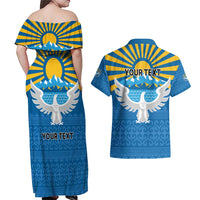 Kyrgyzstan Falcon Personalized Couples Matching Off Shoulder Maxi Dress and Hawaiian Shirt Tian Shan Mountains Rising Sun