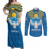 Kyrgyzstan Falcon Personalized Couples Matching Off Shoulder Maxi Dress and Long Sleeve Button Shirt Tian Shan Mountains Rising Sun