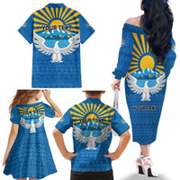 Kyrgyzstan Falcon Personalized Family Matching Off The Shoulder Long Sleeve Dress and Hawaiian Shirt Tian Shan Mountains Rising Sun