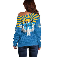 Kyrgyzstan Falcon Personalized Off Shoulder Sweater Tian Shan Mountains Rising Sun