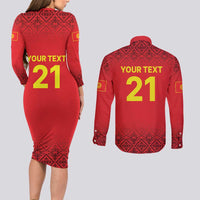 Kyrgyzstan Football Custom Couples Matching Long Sleeve Bodycon Dress and Long Sleeve Button Shirt Kazakh Pattern