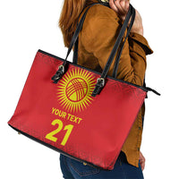 Kyrgyzstan Football Custom Leather Tote Bag Kazakh Pattern