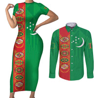 Turkmenistan Black Francolin Custom Couples Matching Short Sleeve Bodycon Dress and Long Sleeve Button Shirt Turkmenistan Turkmenistanyn Baydagy