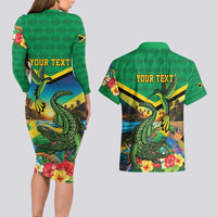 Jamica Hummingbird and Crocodiles Personalized Couples Matching Long Sleeve Bodycon Dress and Hawaiian Shirt