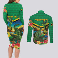 Jamica Hummingbird and Crocodiles Personalized Couples Matching Long Sleeve Bodycon Dress and Long Sleeve Button Shirt