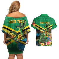Jamica Hummingbird and Crocodiles Personalized Couples Matching Off Shoulder Short Dress and Hawaiian Shirt