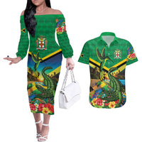 Jamica Hummingbird and Crocodiles Personalized Couples Matching Off The Shoulder Long Sleeve Dress and Hawaiian Shirt