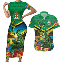 Jamica Hummingbird and Crocodiles Personalized Couples Matching Short Sleeve Bodycon Dress and Hawaiian Shirt