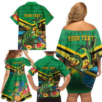 Jamica Hummingbird and Crocodiles Personalized Family Matching Off Shoulder Short Dress and Hawaiian Shirt