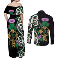 Scottish Celtic Cross Thistle Flowers Couples Matching Off Shoulder Maxi Dress and Long Sleeve Button Shirt