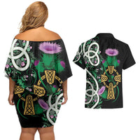 Scottish Celtic Cross Thistle Flowers Couples Matching Off Shoulder Short Dress and Hawaiian Shirt