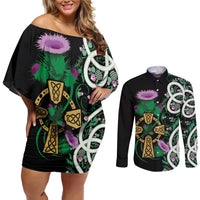 Scottish Celtic Cross Thistle Flowers Couples Matching Off Shoulder Short Dress and Long Sleeve Button Shirt