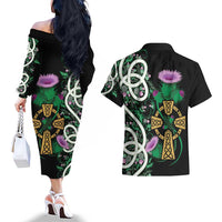 Scottish Celtic Cross Thistle Flowers Couples Matching Off The Shoulder Long Sleeve Dress and Hawaiian Shirt