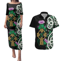Scottish Celtic Cross Thistle Flowers Couples Matching Puletasi and Hawaiian Shirt