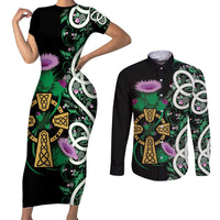 Scottish Celtic Cross Thistle Flowers Couples Matching Short Sleeve Bodycon Dress and Long Sleeve Button Shirt