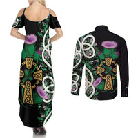 Scottish Celtic Cross Thistle Flowers Couples Matching Summer Maxi Dress and Long Sleeve Button Shirt