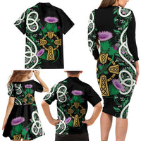 Scottish Celtic Cross Thistle Flowers Family Matching Long Sleeve Bodycon Dress and Hawaiian Shirt