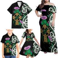 Scottish Celtic Cross Thistle Flowers Family Matching Off Shoulder Maxi Dress and Hawaiian Shirt