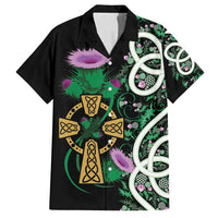 Scottish Celtic Cross Thistle Flowers Family Matching Off Shoulder Maxi Dress and Hawaiian Shirt