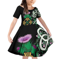 Scottish Celtic Cross Thistle Flowers Family Matching Off Shoulder Short Dress and Hawaiian Shirt