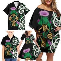 Scottish Celtic Cross Thistle Flowers Family Matching Off Shoulder Short Dress and Hawaiian Shirt