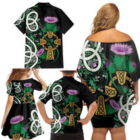 Scottish Celtic Cross Thistle Flowers Family Matching Off Shoulder Short Dress and Hawaiian Shirt