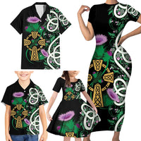 Scottish Celtic Cross Thistle Flowers Family Matching Short Sleeve Bodycon Dress and Hawaiian Shirt