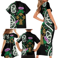 Scottish Celtic Cross Thistle Flowers Family Matching Short Sleeve Bodycon Dress and Hawaiian Shirt