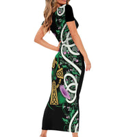 Scottish Celtic Cross Thistle Flowers Family Matching Short Sleeve Bodycon Dress and Hawaiian Shirt