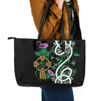 Scottish Celtic Cross Thistle Flowers Leather Tote Bag
