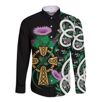 Scottish Celtic Cross Thistle Flowers Long Sleeve Button Shirt