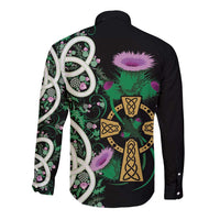 Scottish Celtic Cross Thistle Flowers Long Sleeve Button Shirt