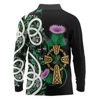 Scottish Celtic Cross Thistle Flowers Long Sleeve Polo Shirt