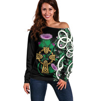 Scottish Celtic Cross Thistle Flowers Off Shoulder Sweater
