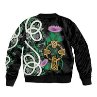 Scottish Celtic Cross Thistle Flowers Sleeve Zip Bomber Jacket