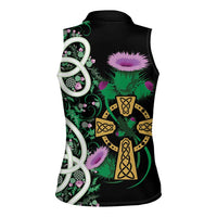 Scottish Celtic Cross Thistle Flowers Women Sleeveless Polo Shirt