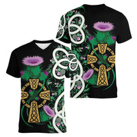 Scottish Celtic Cross Thistle Flowers Women V-Neck T-Shirt